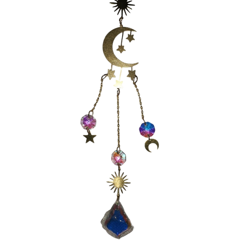 Enchanting  Light Dancing  Suncatcher with Sun,Moon And Stars. Gold Tone Chain.